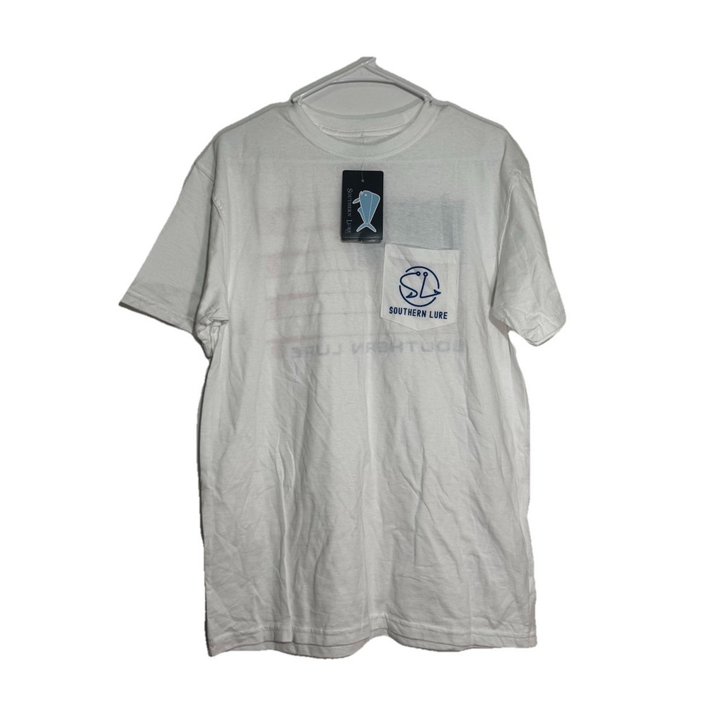 Southern Lure NWT Fishing T-Shirt Medium White Fly‎ Rod American Flag Pocket Tee